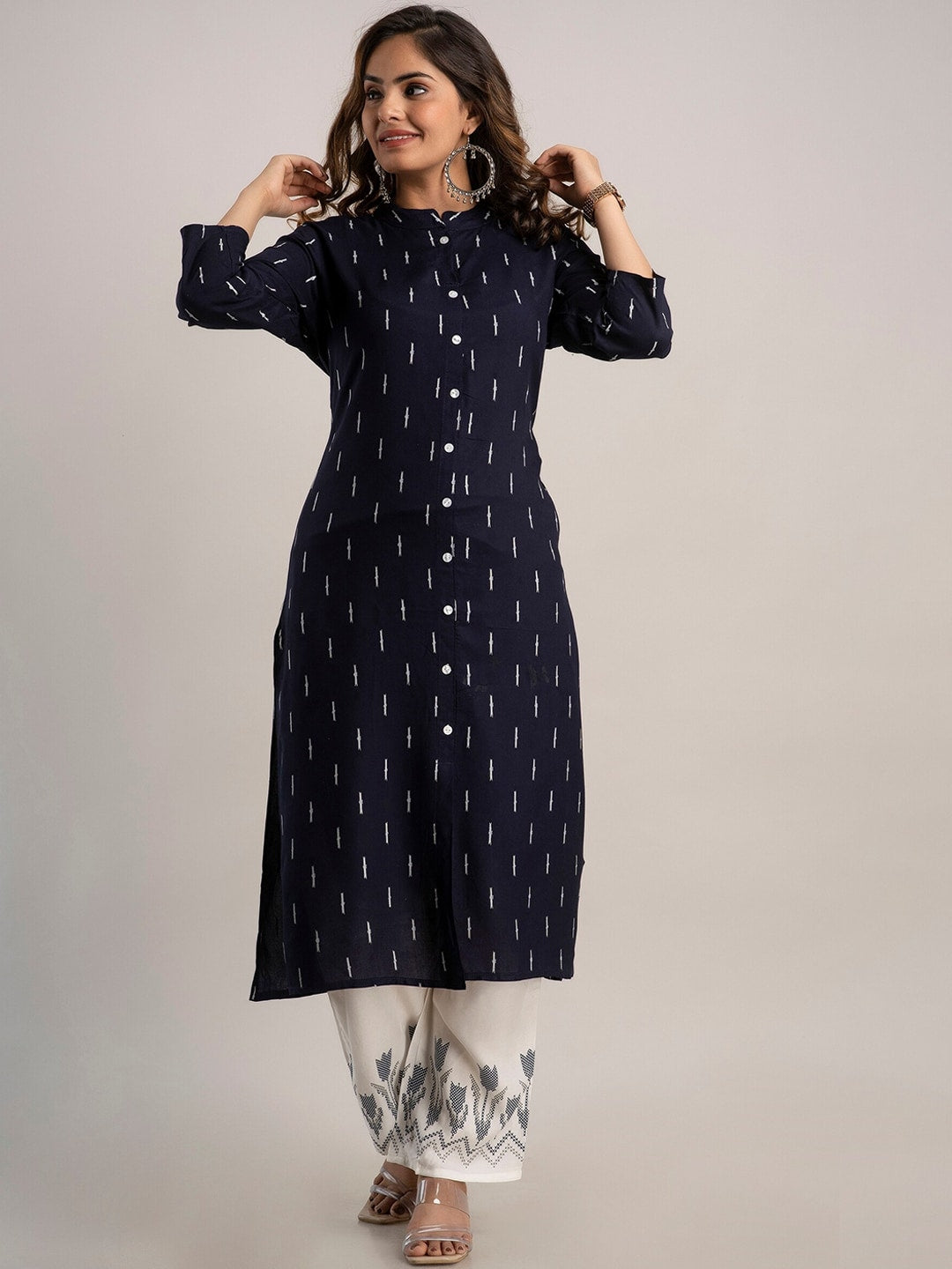 Kalini Women Navy Blue Printed Kurta with Trousers - Distacart