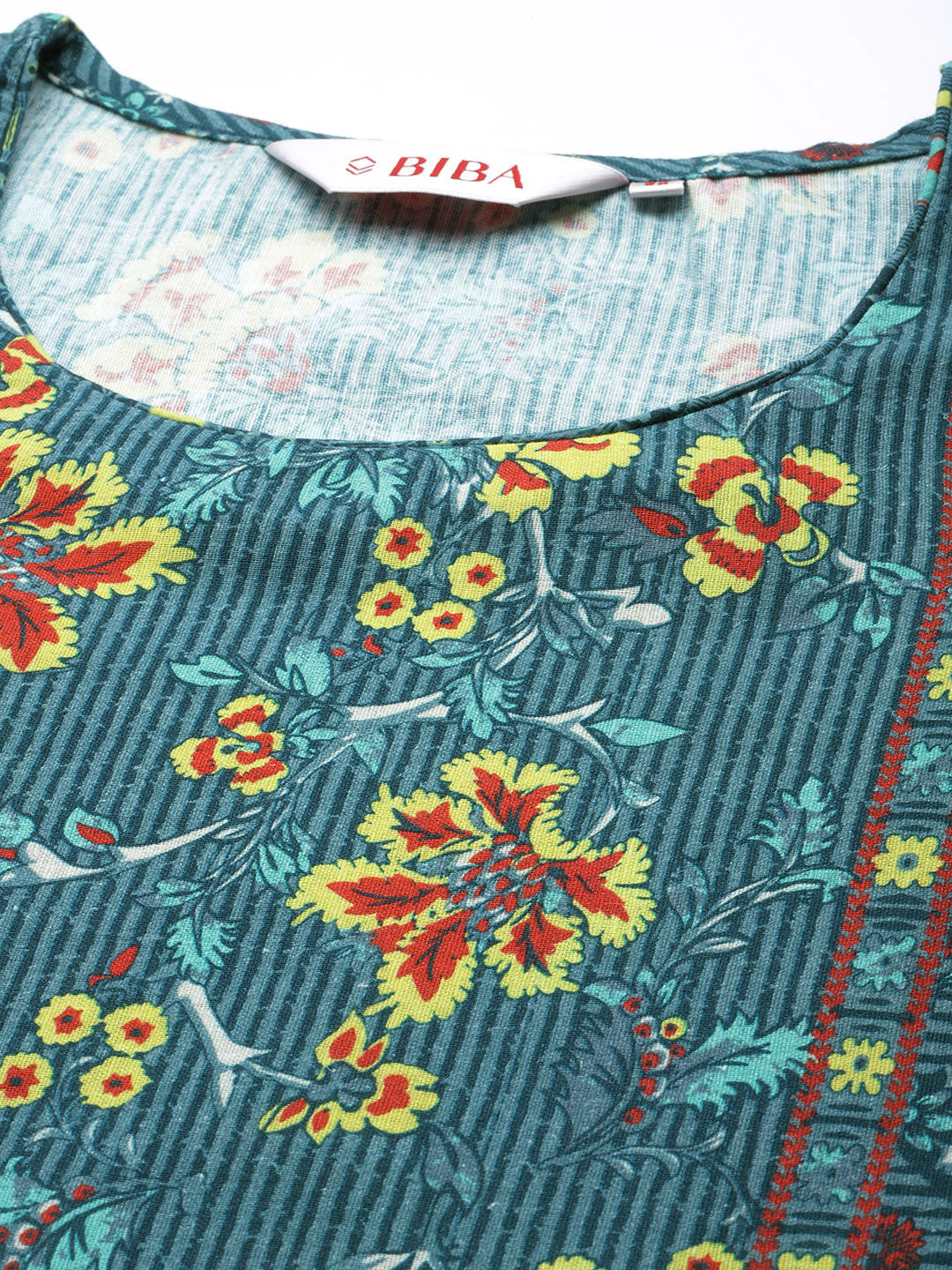 Biba Women Blue & Yellow Floral Print Pure Cotton Kurta with Trousers & Dupatta - Distacart