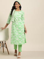 Thumbnail for Sangria Women Green Floral Printed Pure Cotton Kurta with Trousers - Distacart