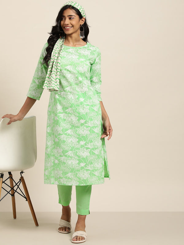 Sangria Women Green Floral Printed Pure Cotton Kurta with Trousers - Distacart