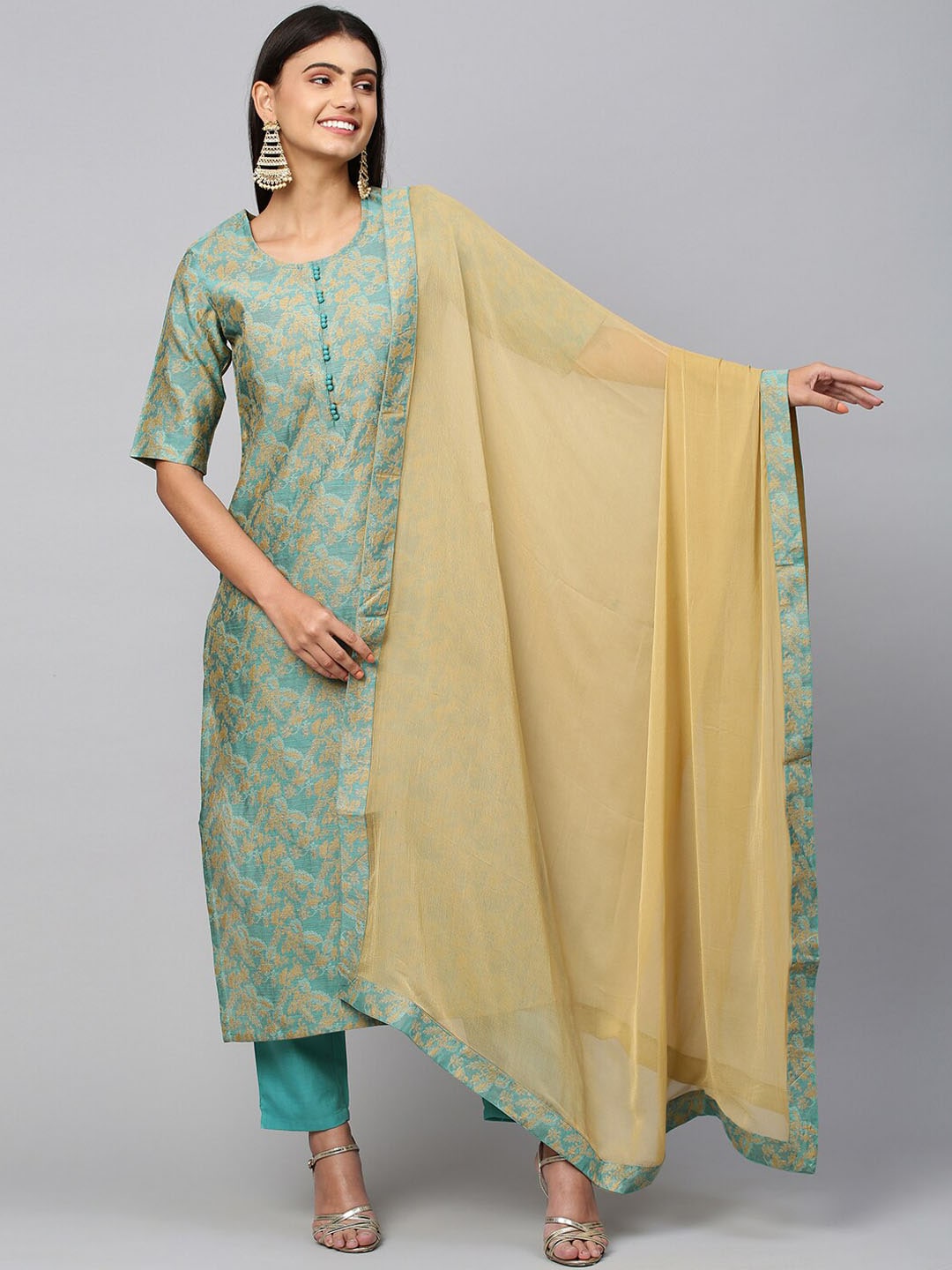 Kalini Women Sea Green Ethnic Motifs Woven Kurti with Trousers & With Dupatta - Distacart