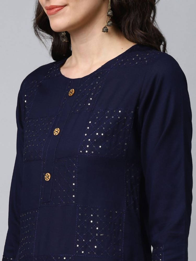 Yufta Women Navy Blue & White Solid Kurta with Palazzo