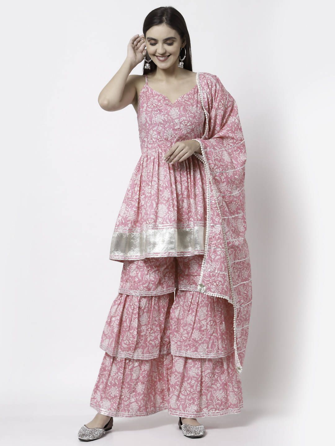 Myshka Women Pink Pure Cotton Printed Sleeveless Round Neck Kurta With Sharara & Dupatta Set