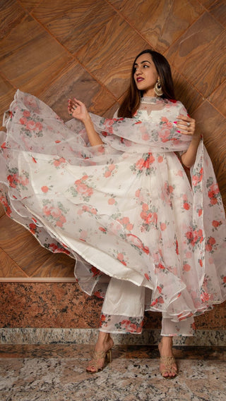 Pomcha Jaipur Red And White Floral Organza Anarkali Set - Distacart