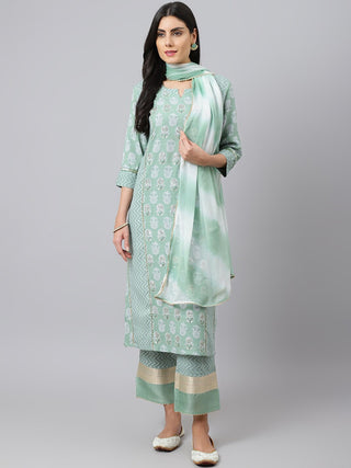 Khushal K Floral Printed Notched Neck Beads and Stones Kurta With Palazzos & Dupatta - Distacart
