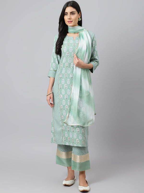 Khushal K Floral Printed Notched Neck Beads and Stones Kurta With Palazzos & Dupatta - Distacart