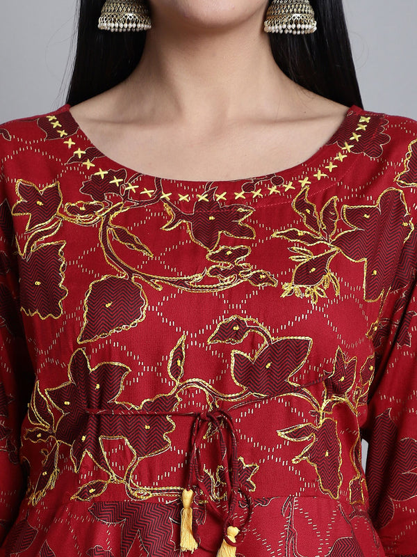 Kalini Floral Printed Thread Work A-Line Kurta With Dhoti Pants - Distacart