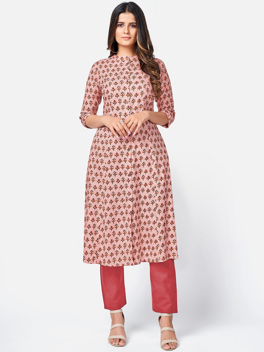 Kalini Women Peach-Coloured Floral Printed Thread Worked Kurta - Distacart