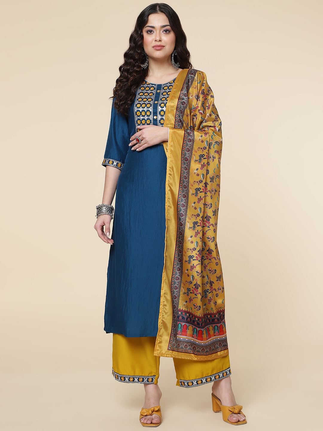 HERE&NOW Ethnic Motifs Embroidered Mirror Work Jute Silk Kurta with Trousers & Dupatta - Distacart