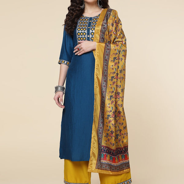 HERE&NOW Ethnic Motifs Embroidered Mirror Work Jute Silk Kurta with Trousers & Dupatta - Distacart