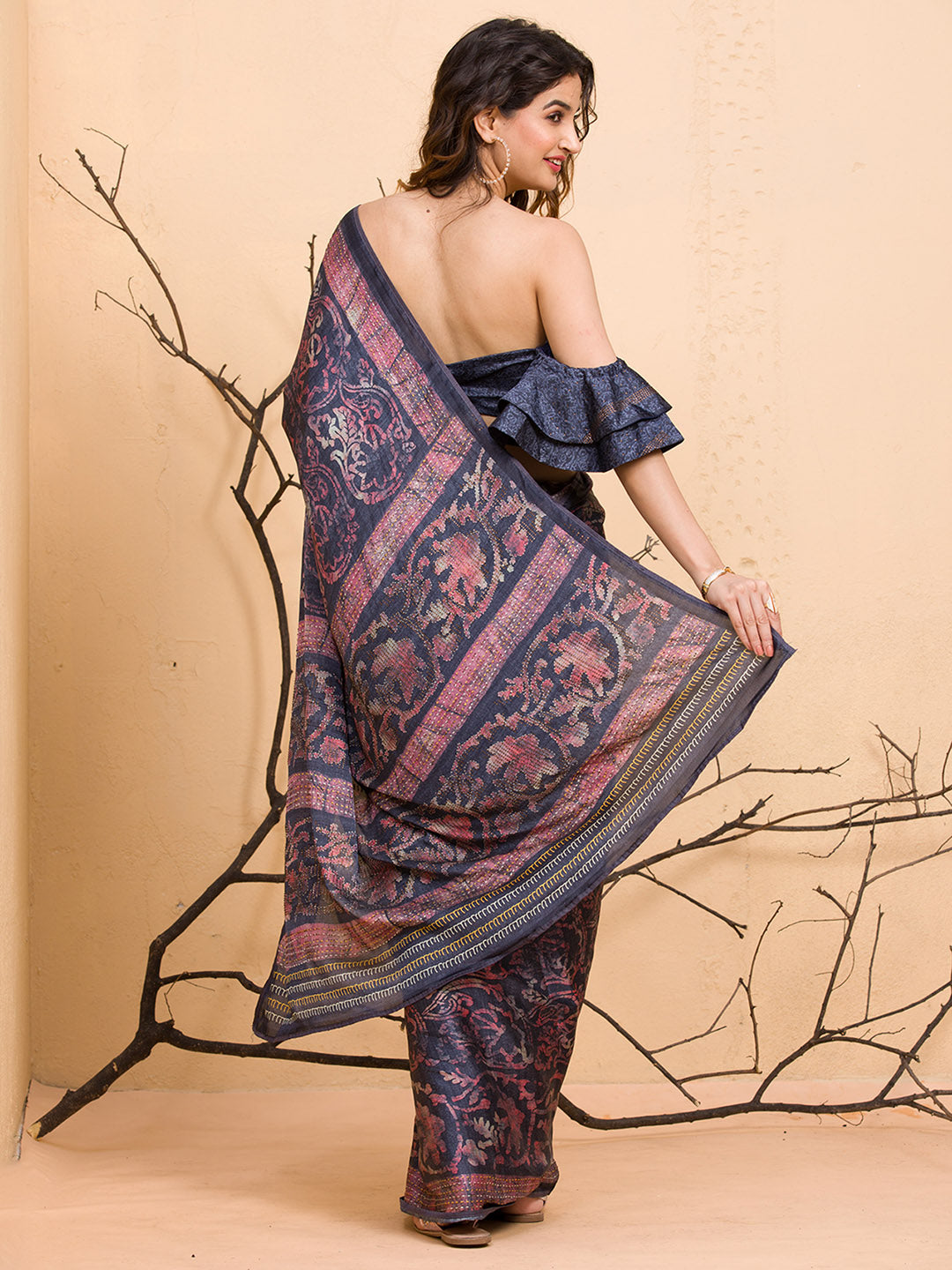 Koskii Floral Printed Beads and Stones Saree - Distacart