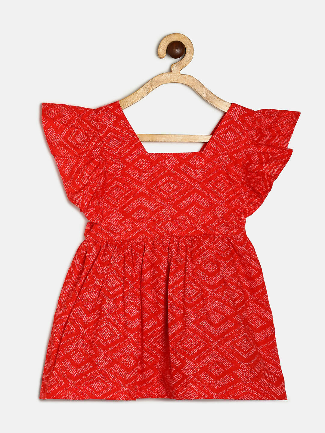 Manet Girls Cotton V Neck Frill Frock Printed - Red - Distacart