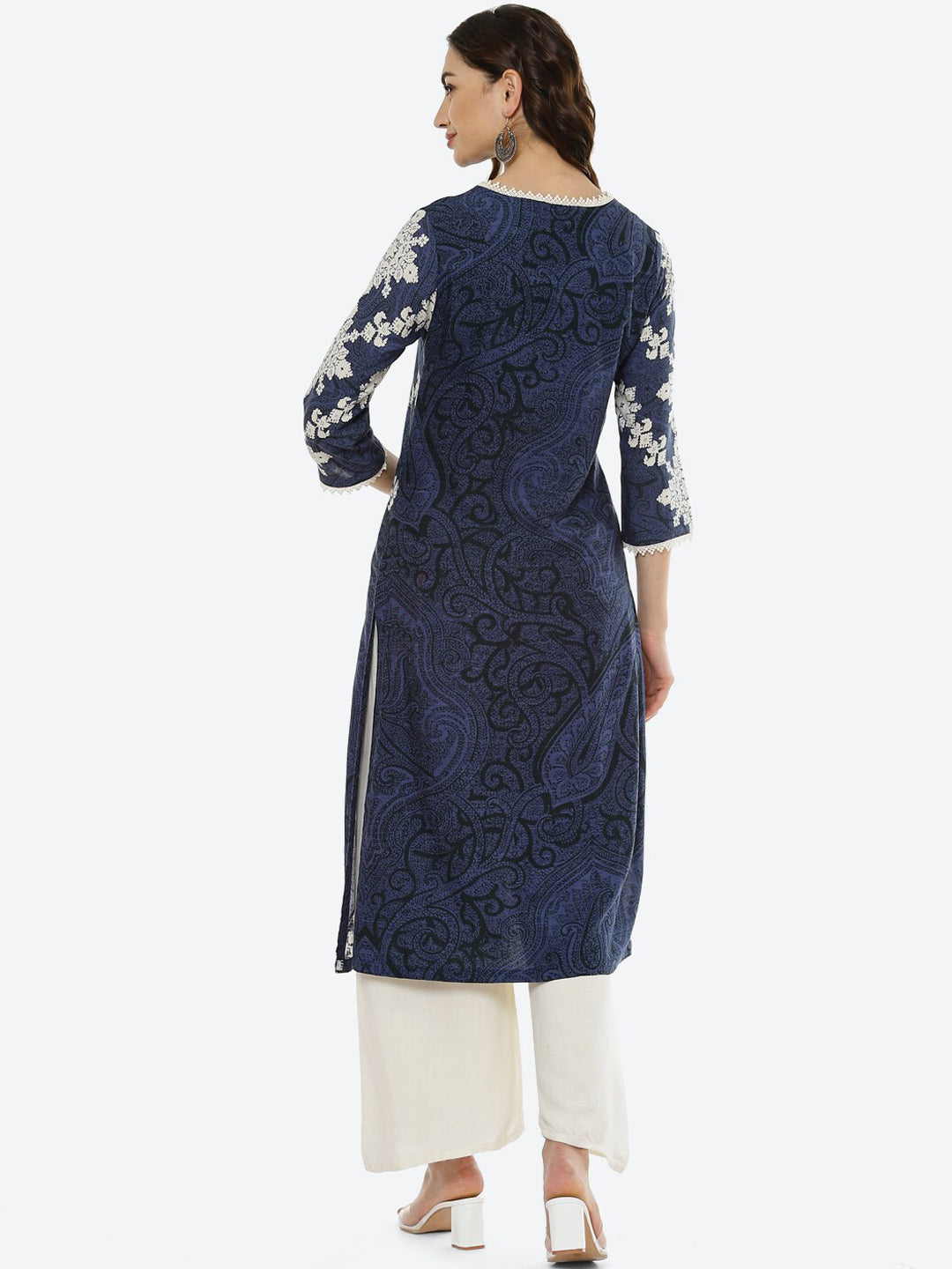 Biba Women Navy Blue & White Ethnic Motifs Printed Kurta - Distacart