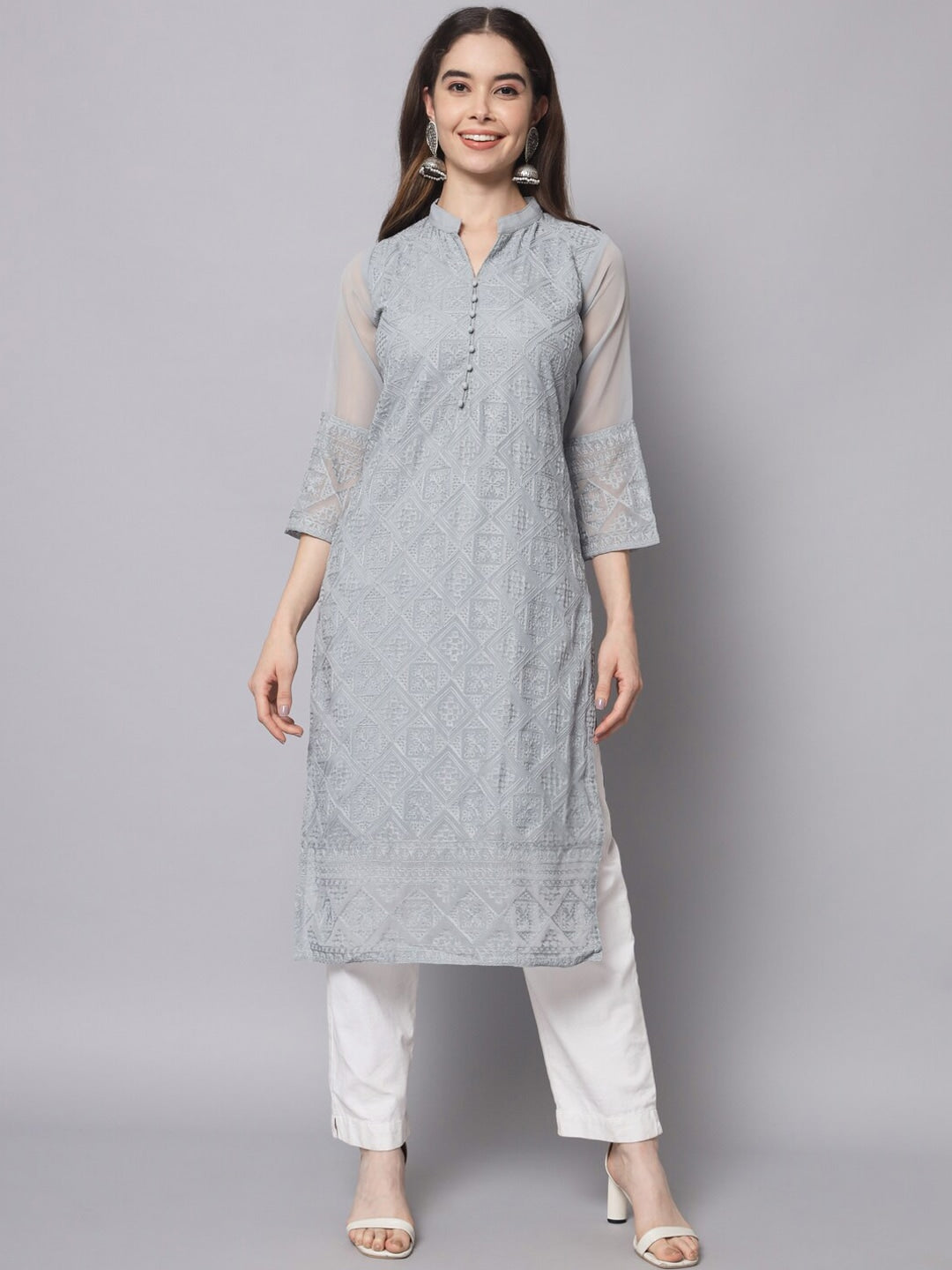 HERE&NOW Women Grey Ethnic Motifs Embroidered Thread Work Georgette Kurta - Distacart