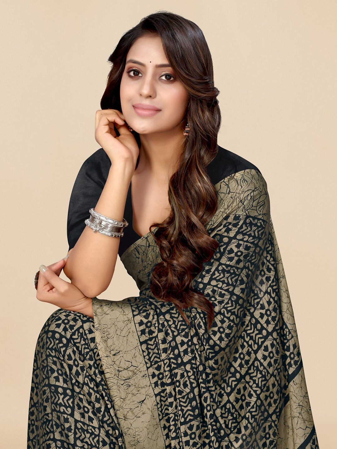 Kalini Black & Beige Batik Printed Chiffon Saree - Distacart
