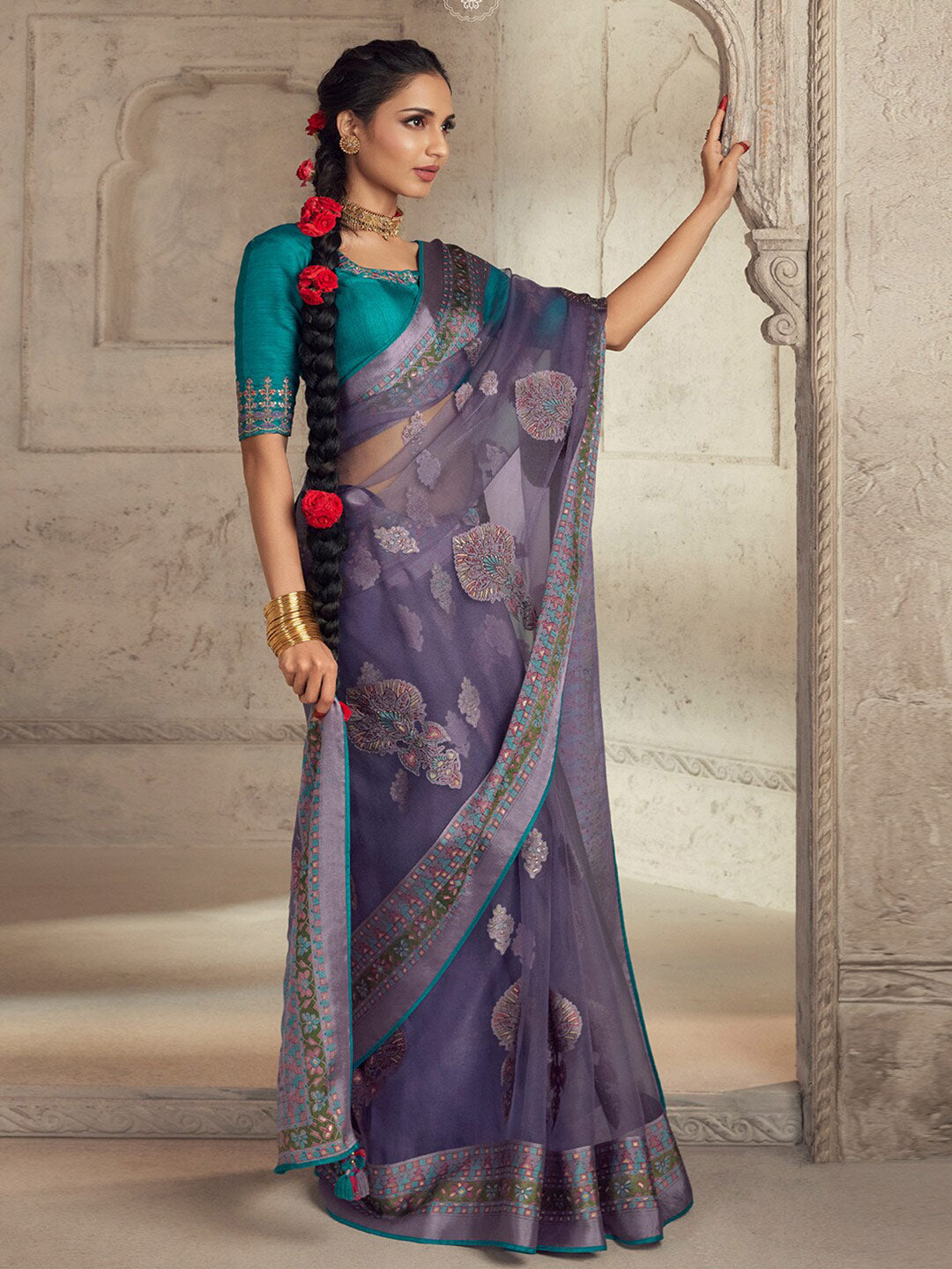 Mitera Violet & Blue Ethnic Motifs Printed Brasso Saree - Distacart