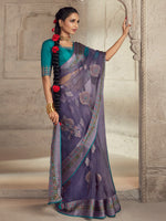 Thumbnail for Mitera Violet & Blue Ethnic Motifs Printed Brasso Saree - Distacart