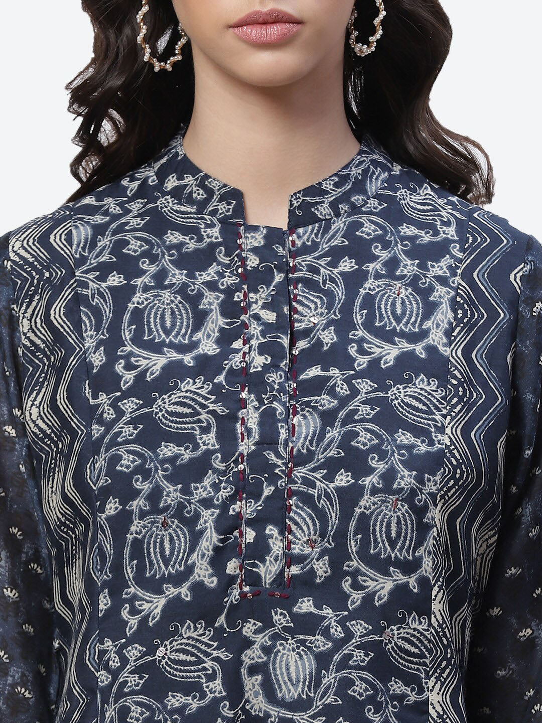 Biba Women Navy Blue Ethnic Motifs Printed Asymmetric Kurta - Distacart