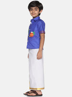 Thumbnail for Sethukrishna Boys Blue & White Printed Shirt With Pure Cotton Dhoti Set - Distacart