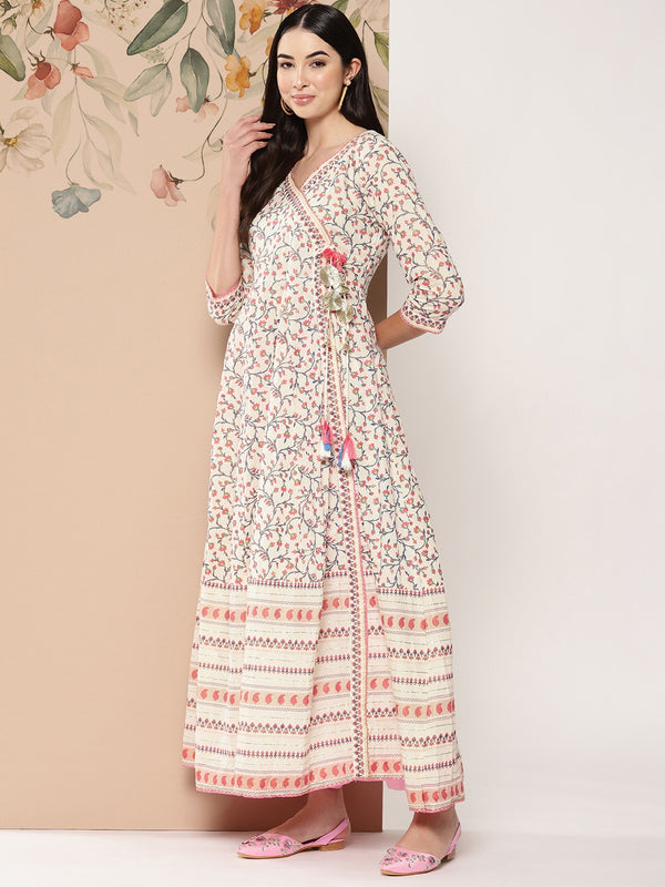 Kalini Floral Printed Tie-Up Detail Angrakha Style Anarkali Kurta - Distacart