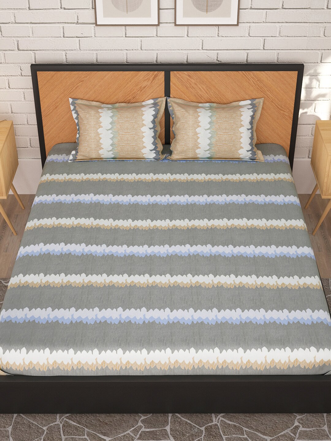 Story@home Grey & Peach-Coloured Striped 180 TC Queen Bedsheet With 2 Pillow Covers - Distacart