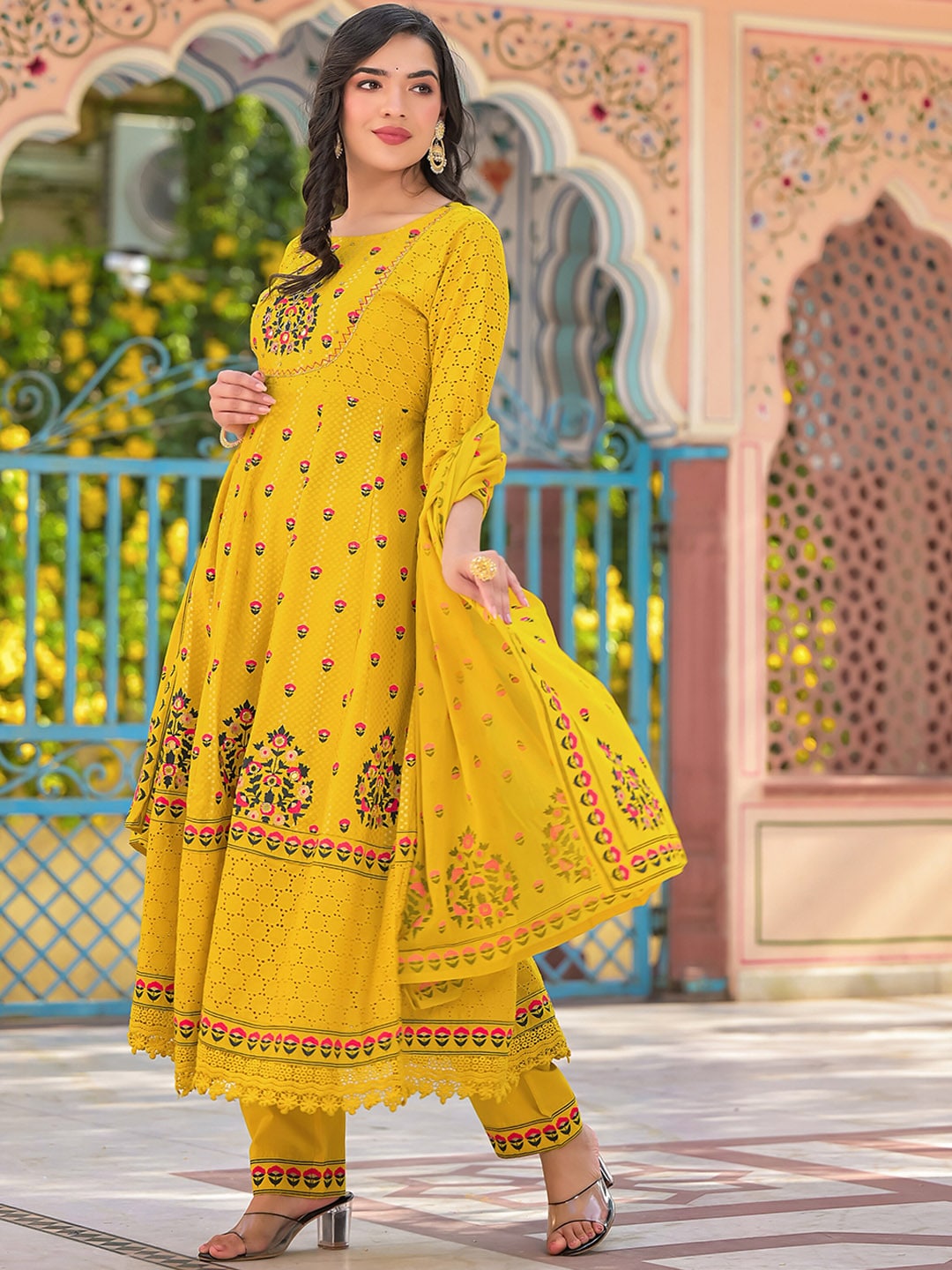 Sangria Yellow Floral Printed & Mirror Work Cotton Anarkali Kurta With Trouser & Dupatta - Distacart