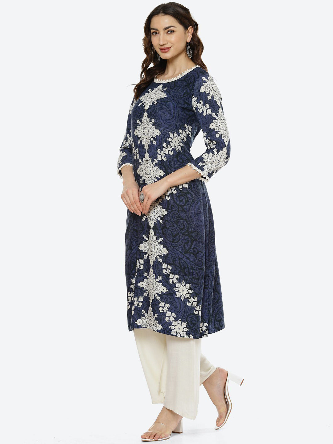 Biba Women Navy Blue & White Ethnic Motifs Printed Kurta - Distacart