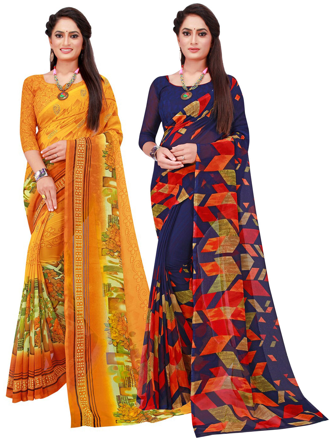 Kalini Pack of 2 Navy Blue & Yellow Pure Georgette Sarees - Distacart