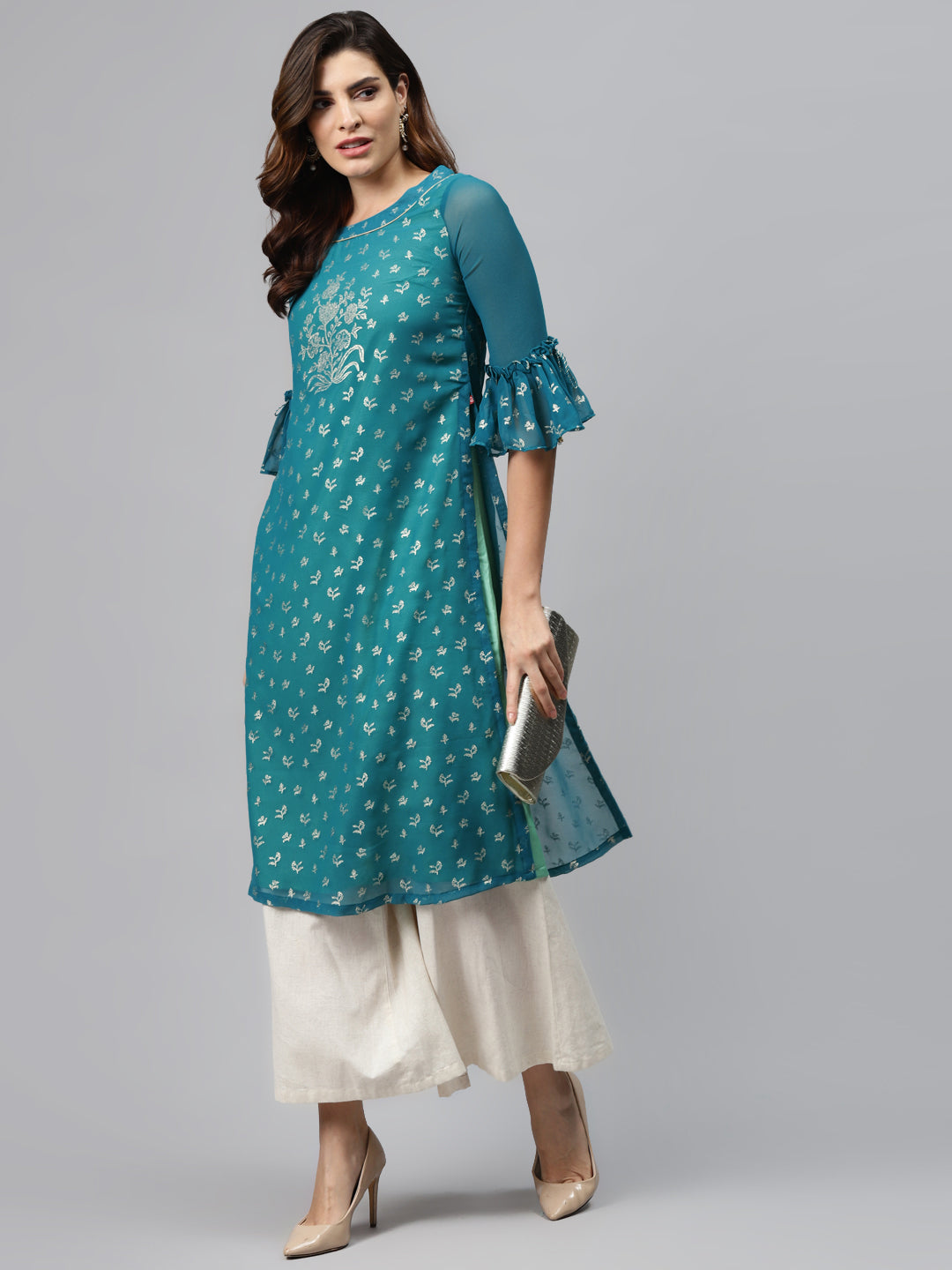Biba Women Teal Blue & Golden Printed Straight Layered Kurta - Distacart