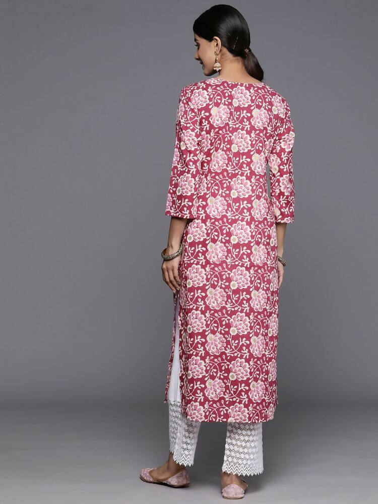 Varanga Women Pink Floral Printed Straight Kurta With Three Quarter Sleeves - Distacart