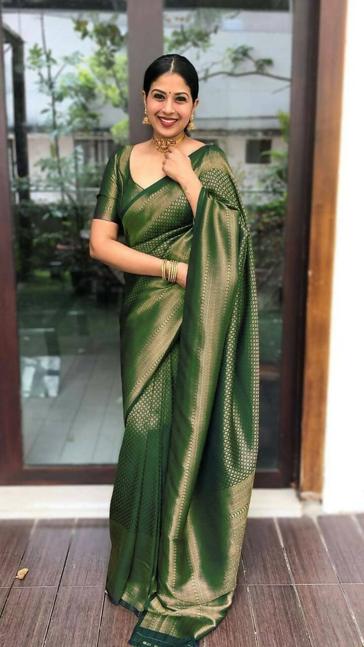 DEIANA'S Beautiful Golden Jari with New Design Soft Lichi Silk Saree - Green - Distacart