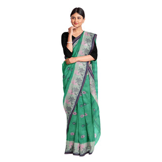 Exclusive Collection 100% Pure Cotton Green Tant Saree With Hand Weaving Work - Distacart