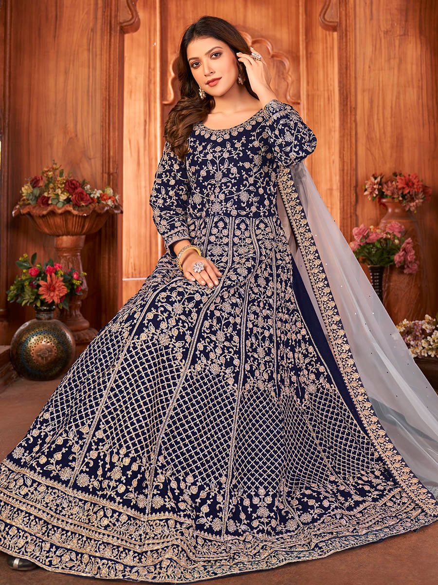 Myra Navy Blue Velvet Embroidered Anarkali Suit - Distacart