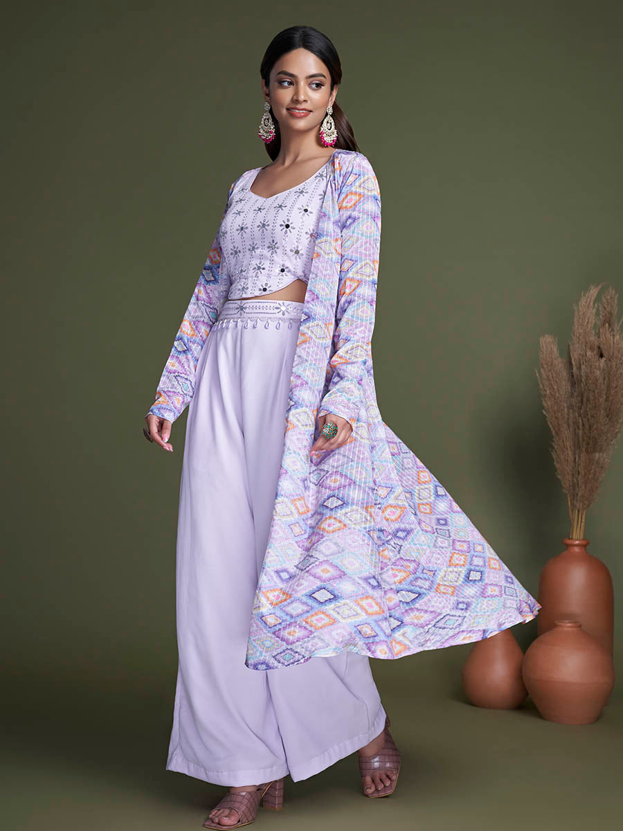 Myra Lavender Koti Style Silk and Georgette Embroidered Palazo Suit - Distacart