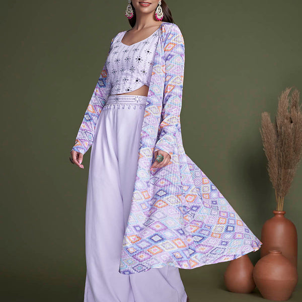 Myra Lavender Koti Style Silk and Georgette Embroidered Palazo Suit - Distacart