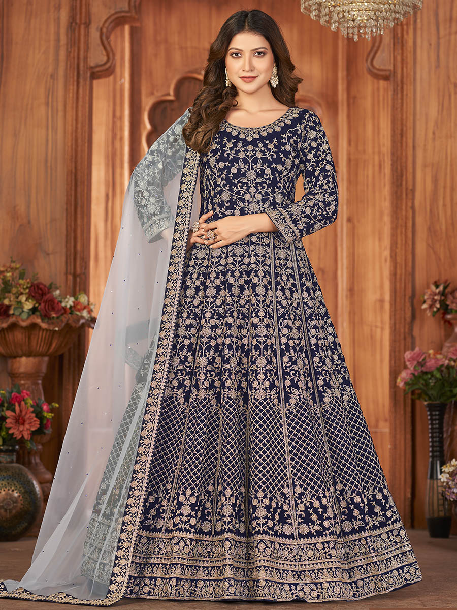Myra Navy Blue Velvet Embroidered Anarkali Suit - Distacart