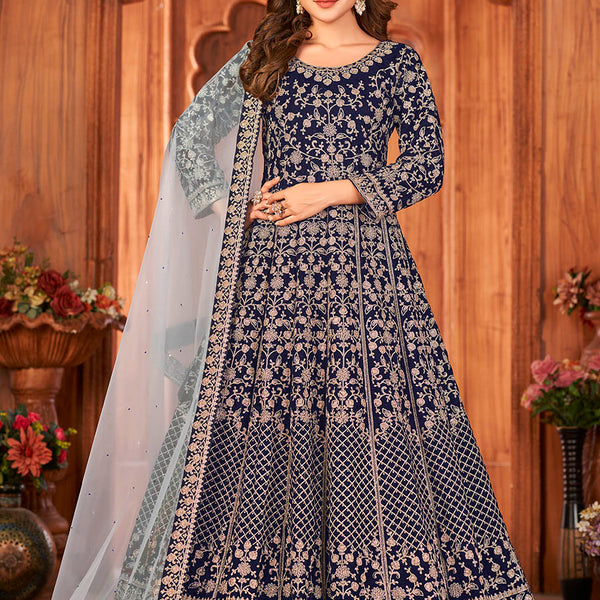 Myra Navy Blue Velvet Embroidered Anarkali Suit - Distacart