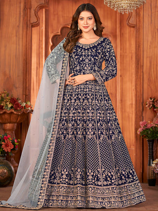 Myra Navy Blue Velvet Embroidered Anarkali Suit - Distacart
