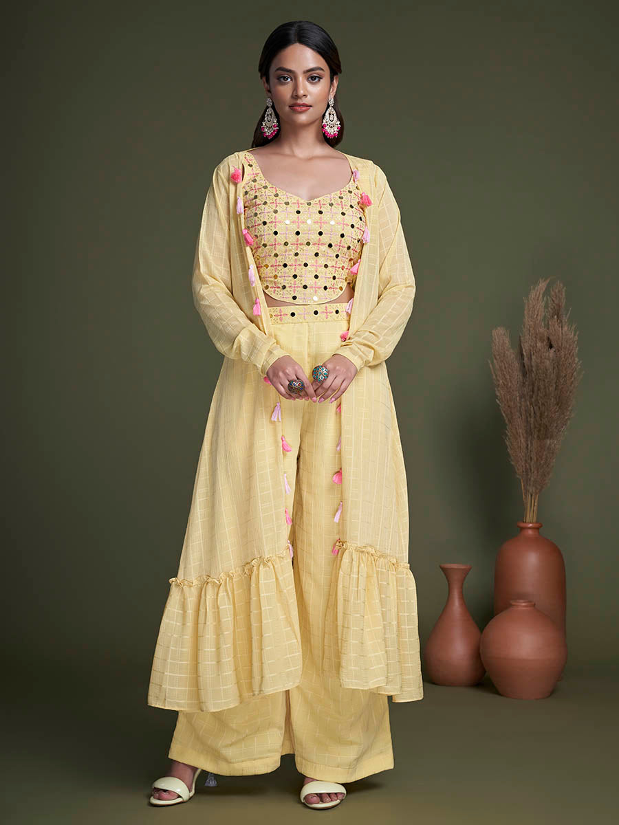 Myra Yellow Koti Style Silk and Georgette Embroidered Palazo Suit - Distacart