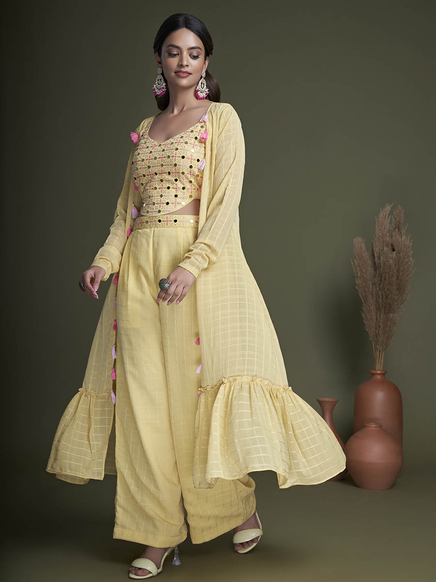 Myra Yellow Koti Style Silk and Georgette Embroidered Palazo Suit - Distacart