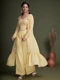 Thumbnail for Myra Yellow Koti Style Silk and Georgette Embroidered Palazo Suit - Distacart