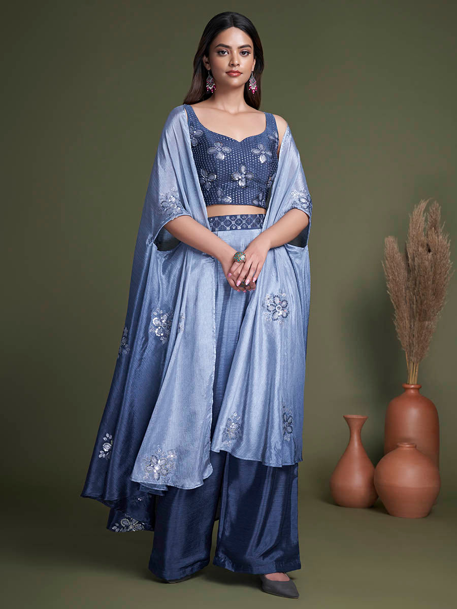 Myra Navy Koti Style Silk and Georgette Embroidered Palazo Suit - Distacart