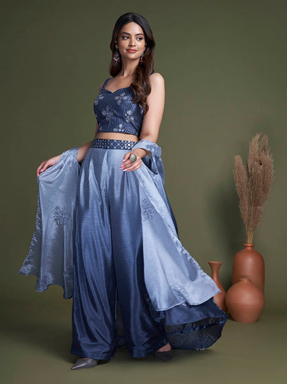 Myra Navy Koti Style Silk and Georgette Embroidered Palazo Suit - Distacart