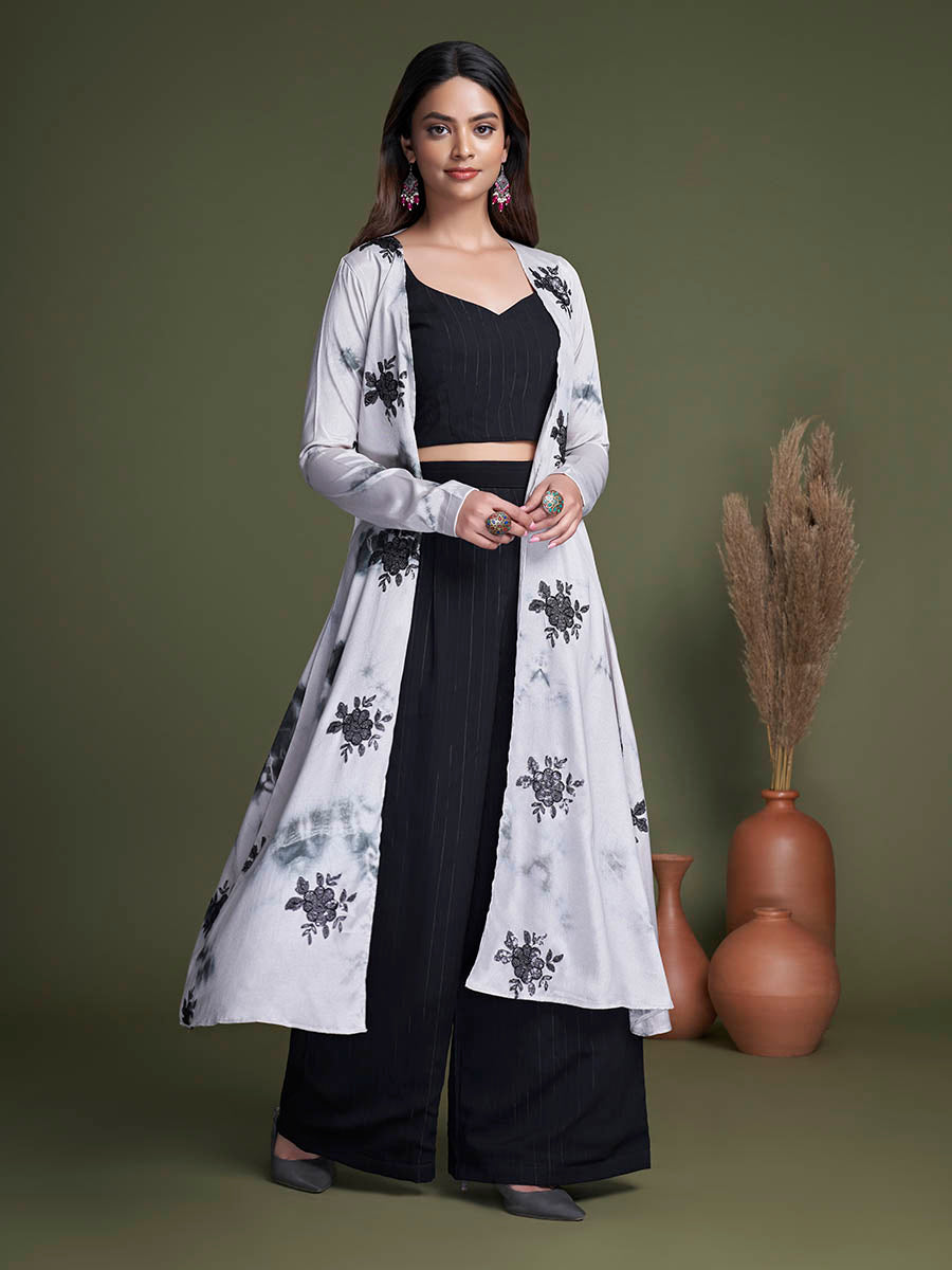 Myra Black and White Koti Style Silk and Georgette Embroidered Palazo Suit - Distacart
