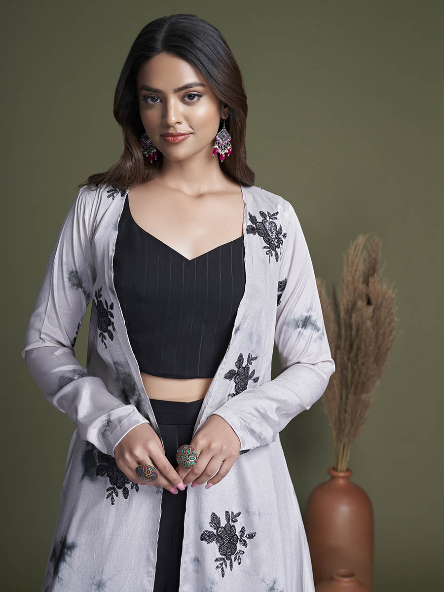 Myra Black and White Koti Style Silk and Georgette Embroidered Palazo Suit - Distacart