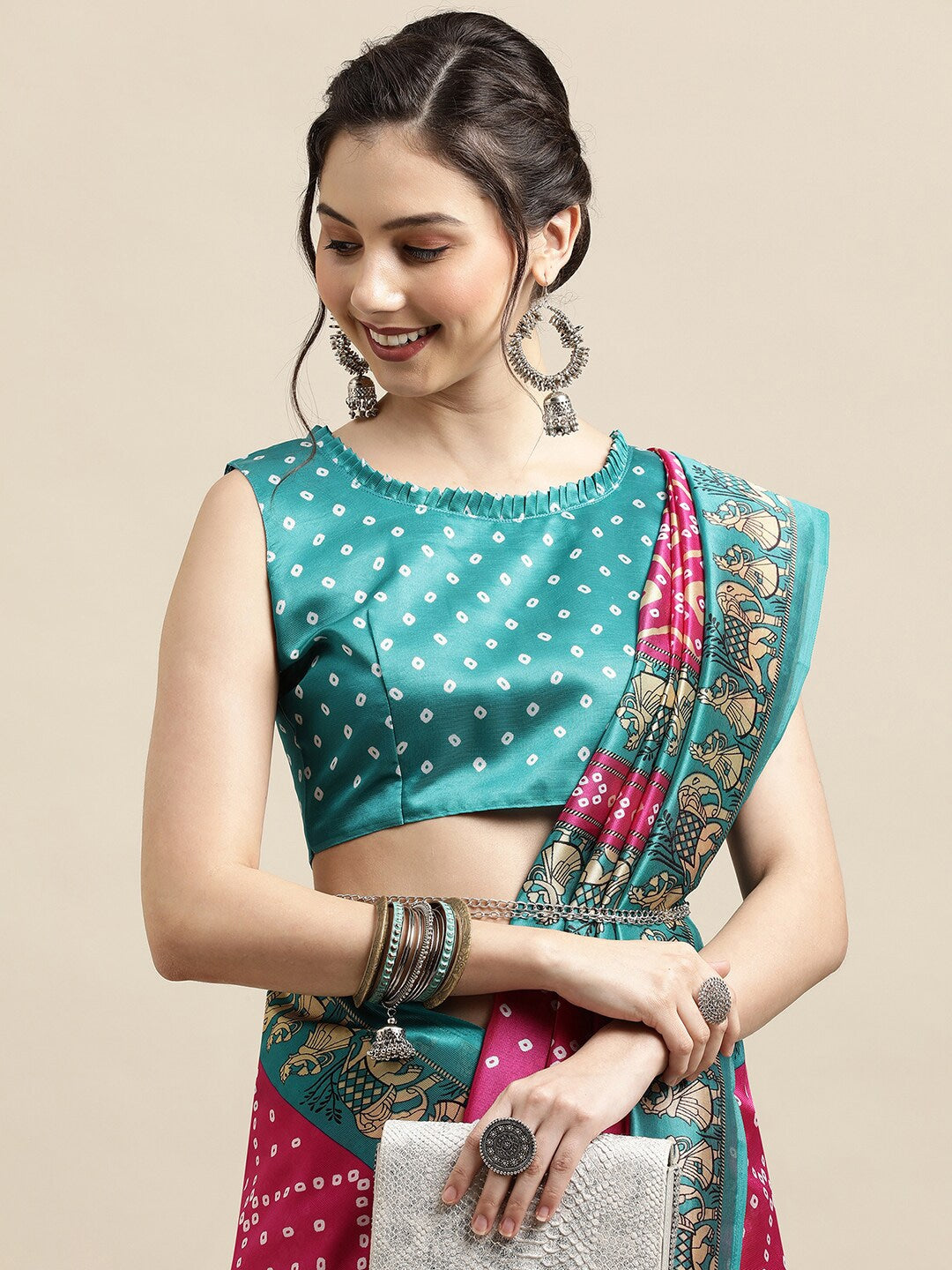 Saree Mall Pink & Teal Bandhani Printed Saree - Distacart