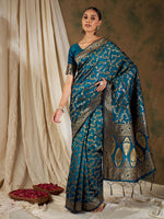 Thumbnail for Sangria Blue Floral Woven Design Zari Kanjeevaram Saree - Distacart