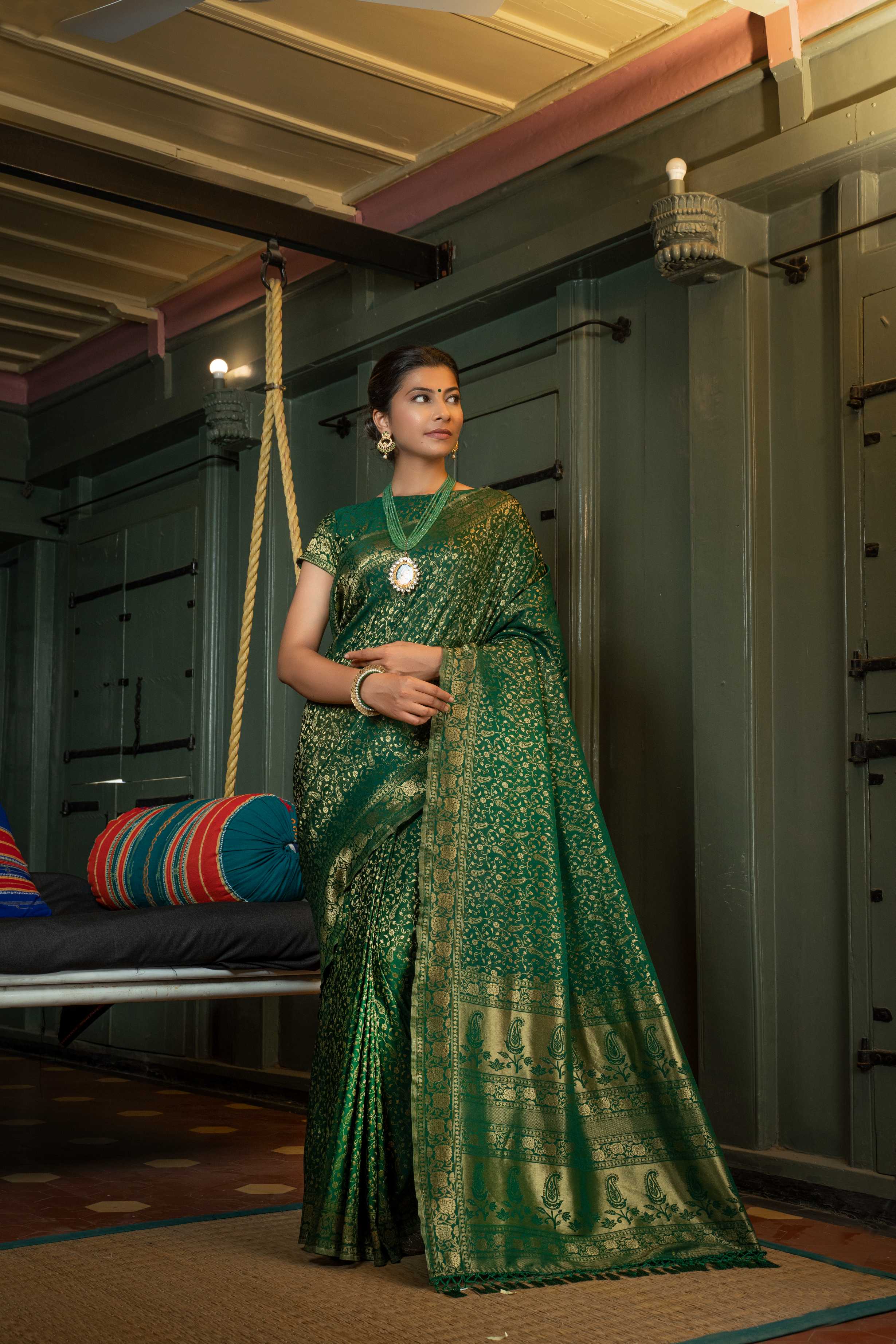 Vardha Myrtle Green Golden Zari Banarasi Satin Silk Saree
