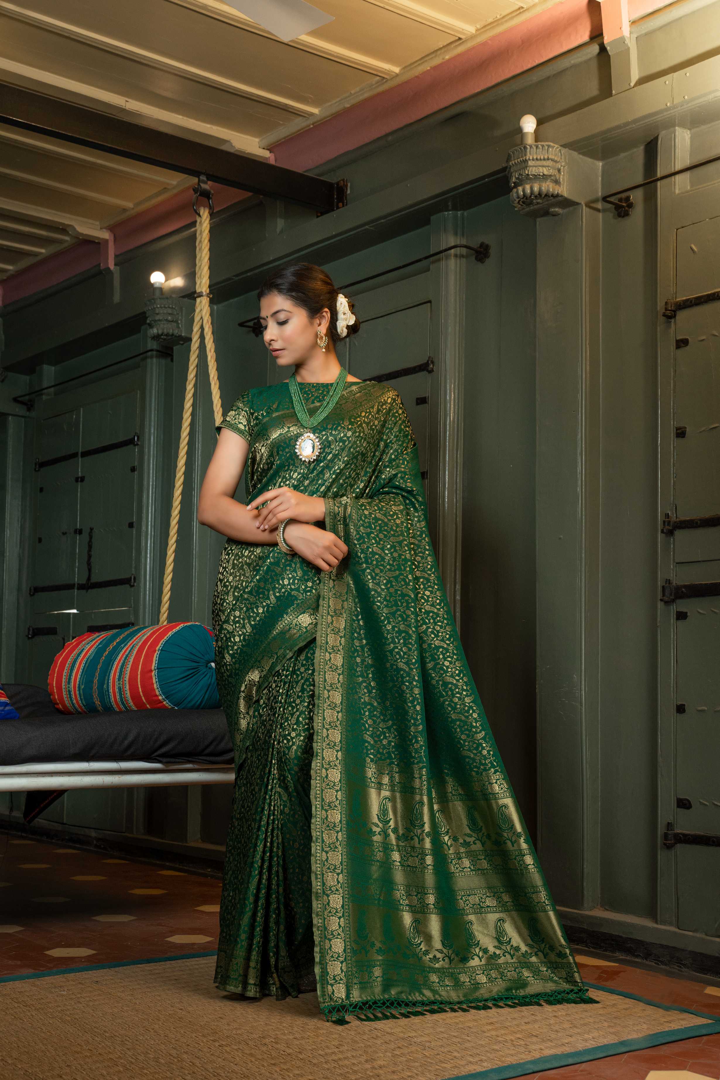 Vardha Myrtle Green Golden Zari Banarasi Satin Silk Saree