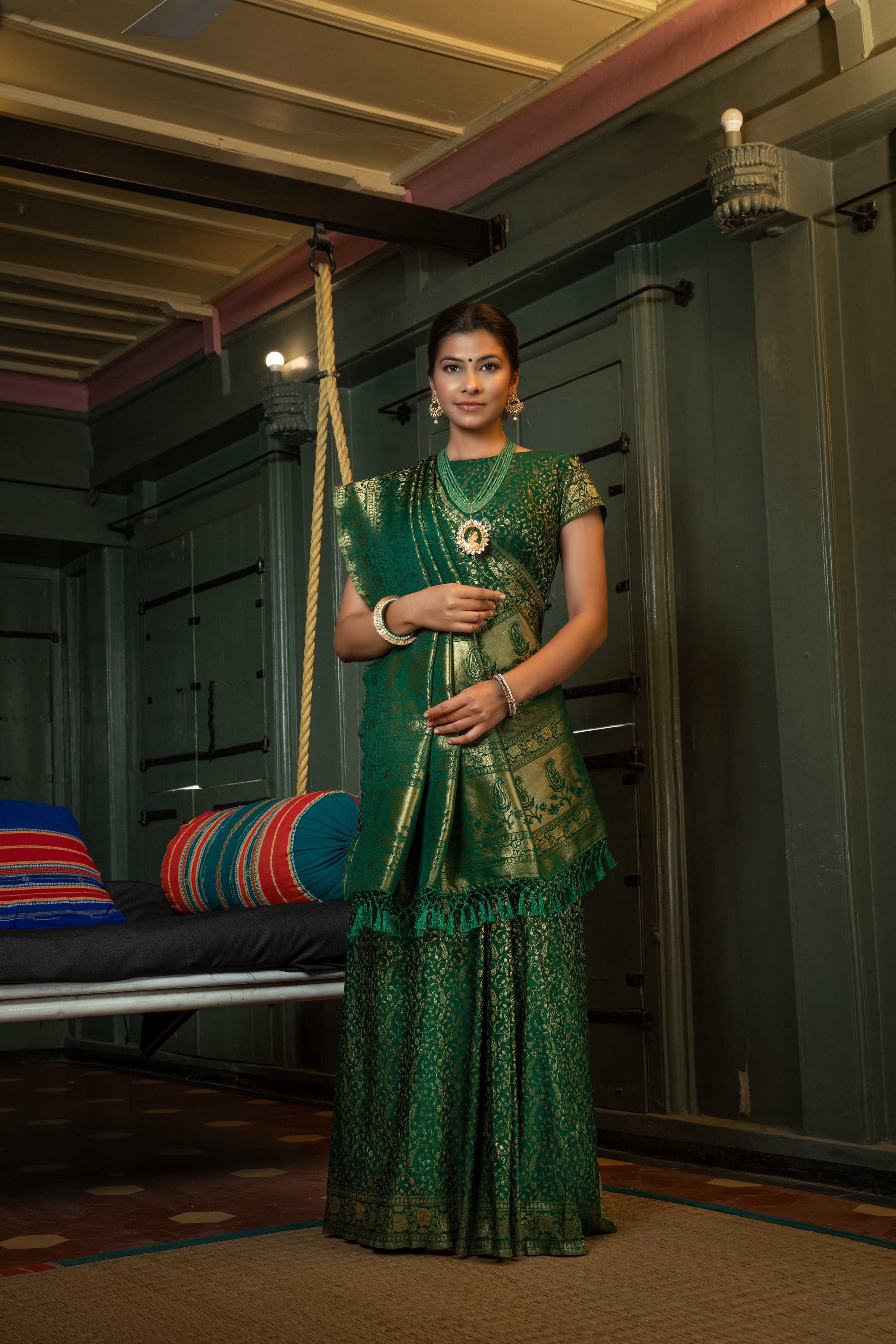 Vardha Myrtle Green Golden Zari Banarasi Satin Silk Saree